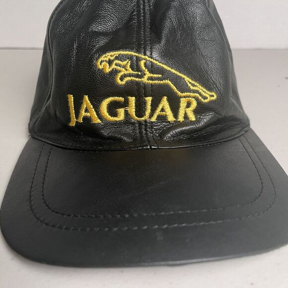 Jaguar Hat Baseball Cap Leather Adjustable Black Embroidered Yellow Logo Clean - Picture 3 of 12